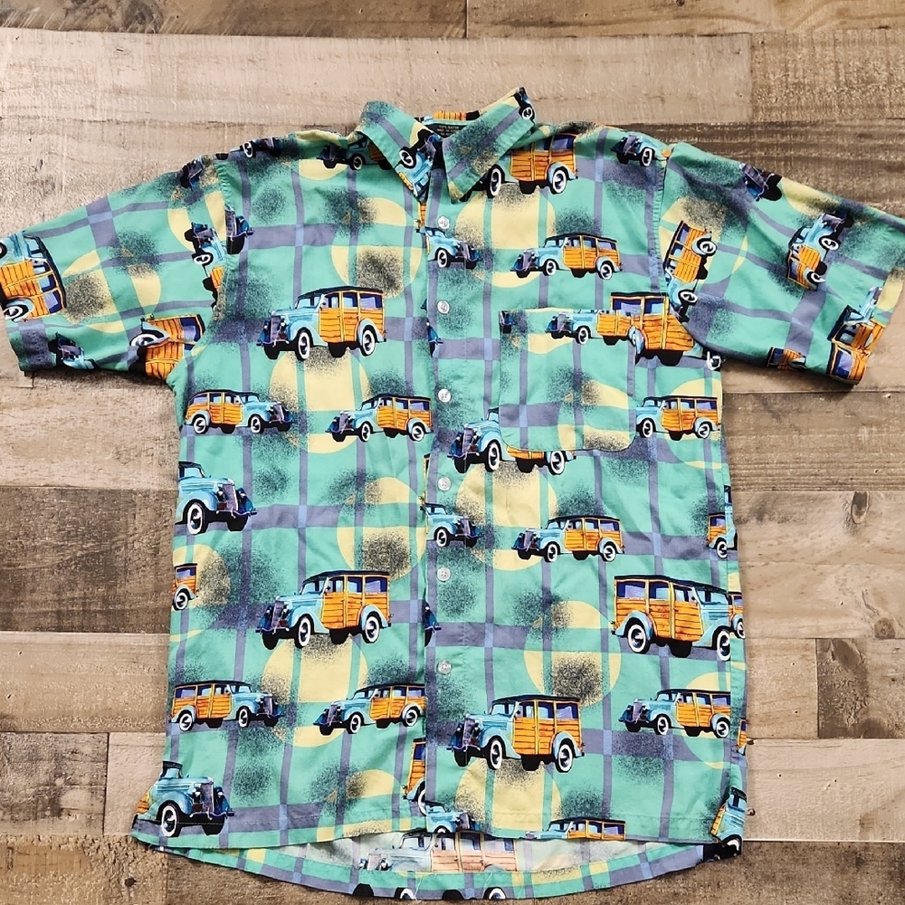 Marc Edwards Hawaiian‎ Shirt Mens Medium Woody Wagon Classic Car Summer Green